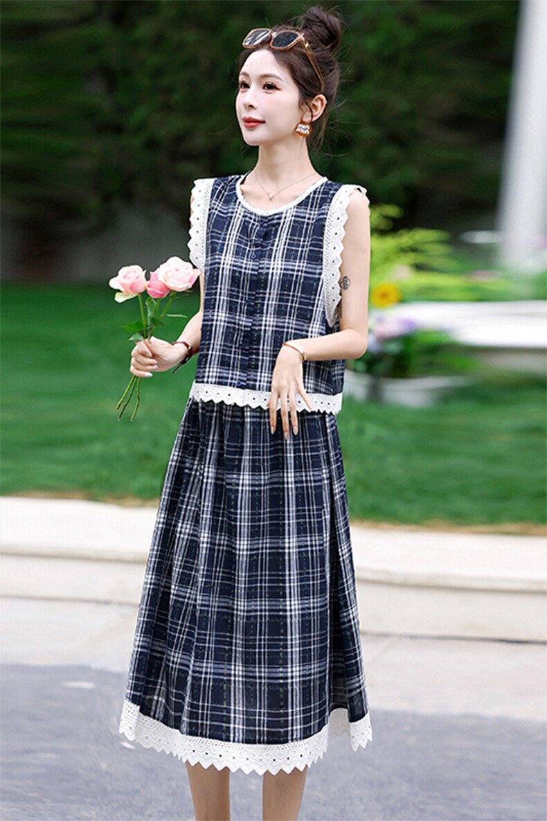 夏季新款小格子花边少女时尚清凉两件套连衣裙,女装套装/套裙,鑫慧