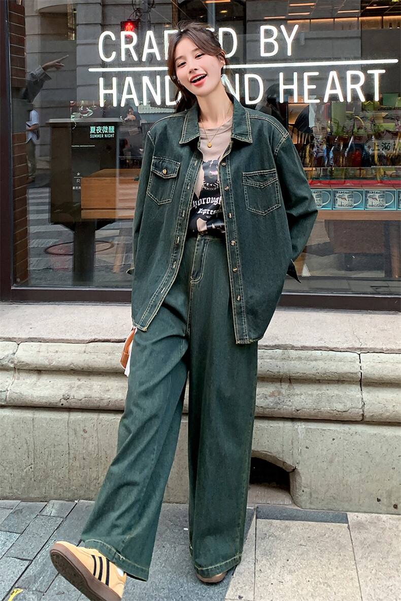 洋气港风牛仔套装女2025春秋新款流行爆款炸街衬衫阔腿裤两件套,女装套装/套裙,浙宝305
