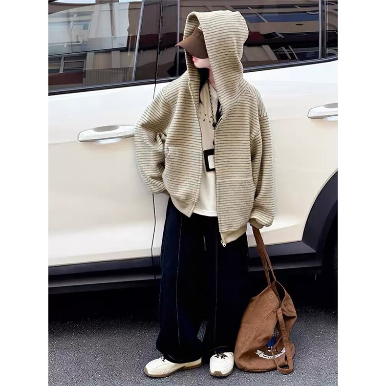 Y140-P80美式复古2025早秋新款条纹拉链开衫连帽卫衣男女,男装卫衣,电商B323A