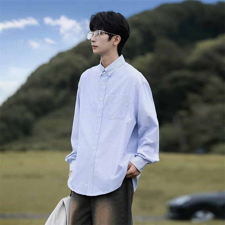 日系复古条纹衬衫男春季潮牌学院风长袖衬衣cityboy翻领工装外套,男装衬衫,星座601-1