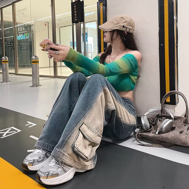 2025新款重工立体口袋美式复古水洗黄直筒工装酷帅牛仔裤女阔腿裤,女装牛仔裤,星座218-8