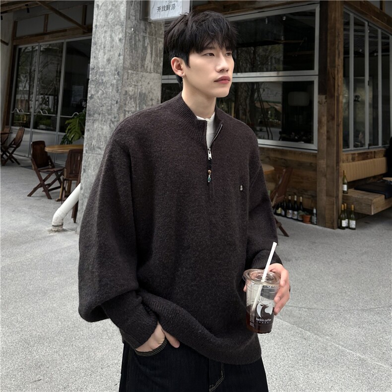 轻奢简约老钱风半拉链针织衫 男女松弛感宽松休闲毛衣图片