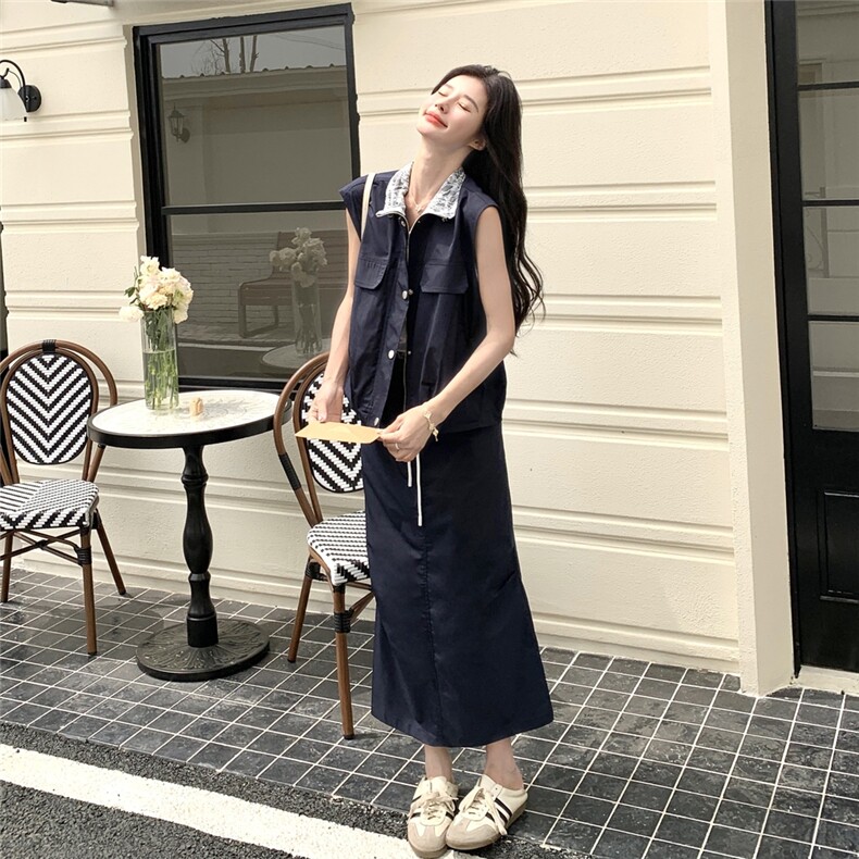 藏青色工装套装女2025夏季新款休闲蕾丝拼接立领马甲半身裙两件套,女装套装/套裙,2C323