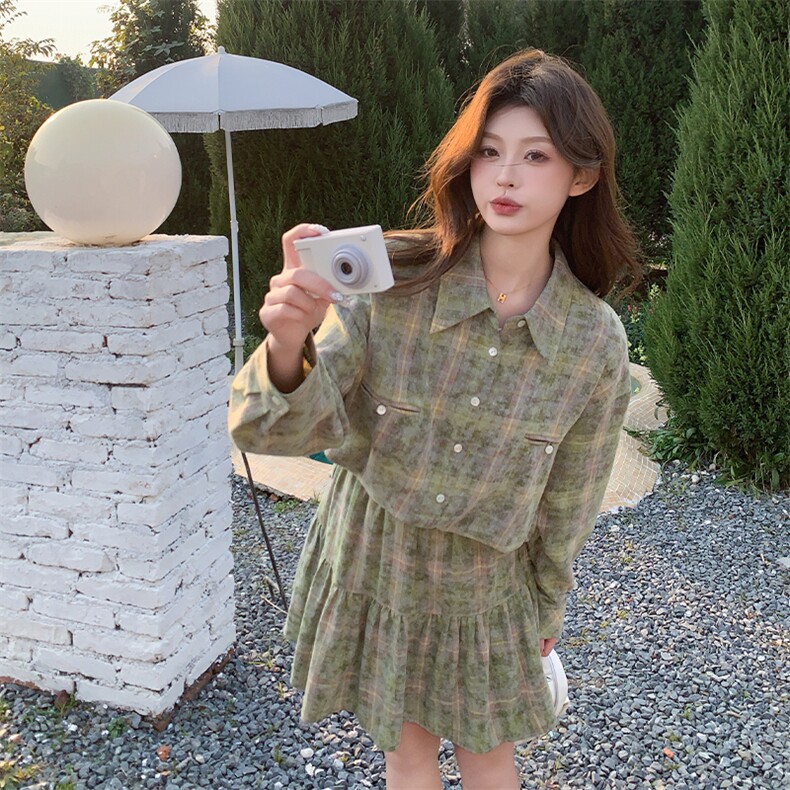 绿色复古格纹设计感长袖衬衫套装裙女2025秋季气质减龄短裙两件套,女装套装/套裙,2C122