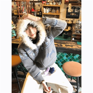 重磅北极绒座山雕毛衣外套冬美式复古休闲慵懒风大毛毛领针织开衫图片