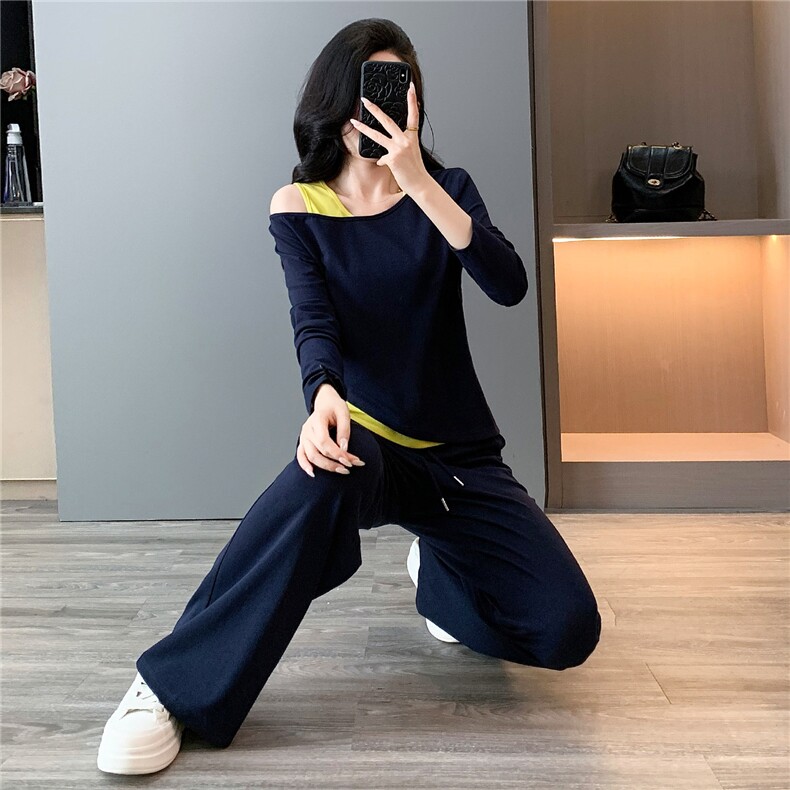秋季新款超火穿搭一整套设计感撞色真两件露肩长袖上衣长裤三件套,女装套装/套裙,江南