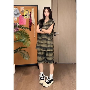 小个子显高穿搭套装男女款扎染美式复古运动休闲无袖背心短裤整套图片