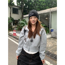 JIAONI美式复古豹纹拼接连帽开衫卫衣女重磅宽松休闲高街拉链上衣，男装卫衣，星座506A