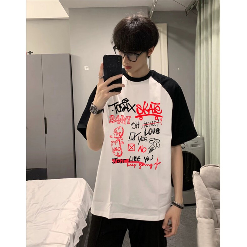 抖音得物高品质二开240克宽松纯棉美式潮牌插肩袖拼接短袖T恤图片