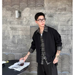 美拉德棕色假两件短款飞行员夹克男士秋冬季双领设计感棒球服外套图片