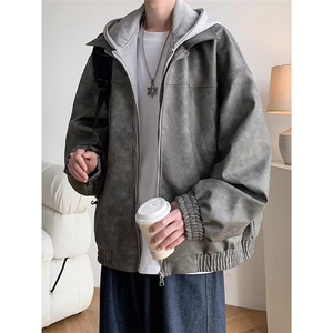 冬皮衣拼接假两件男女PU皮连帽夹克宽松外套大码M-5XLJK943 P75图片