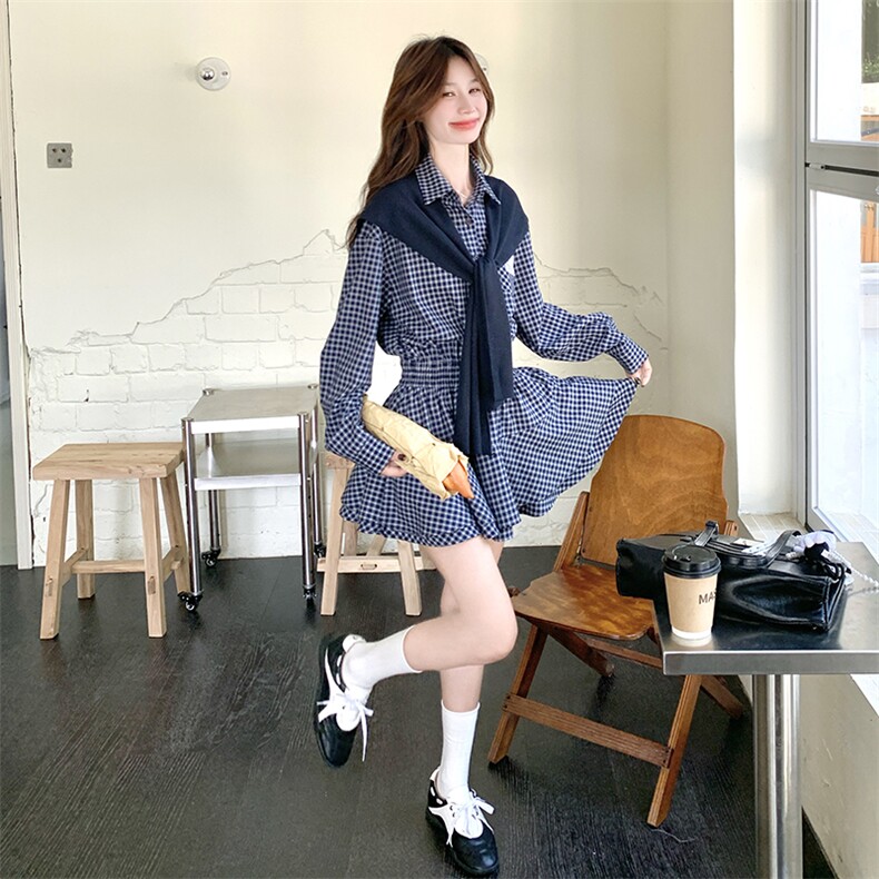 数据好，格子衬衫收腰短裙2B113-P155-K228,加披肩P170-K248,女装连衣裙,2B113
