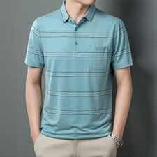 条纹短袖T恤男翻领上衣夏季新款中年男士商务休闲宽松爸爸夏装，男装T恤，电商B212（原钱塘6029）