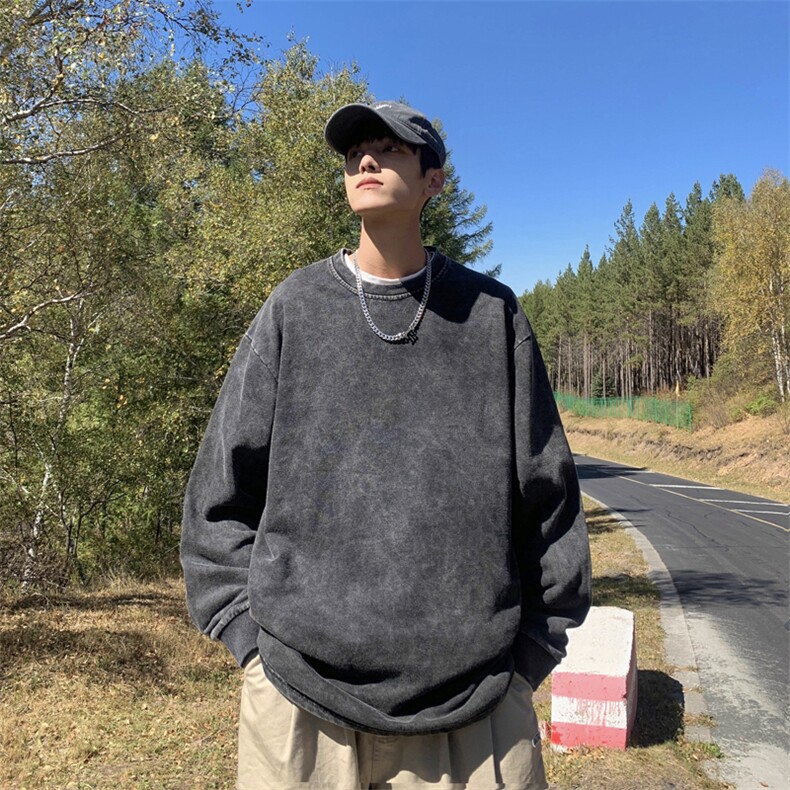 WY708-P36美式复古水洗做旧长袖纯色卫衣图片