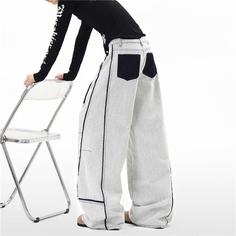 【现货】XZ612-K3125-特P58美式复古拼接撞色阔腿裤牛仔工装裤，男装工装外套，星座612