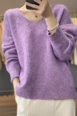 韩版宽松灰色V领马海毛衣秋冬2023新款女装宽松休闲软糯针织衫大，女装针织衫/毛衣，雪真羊绒