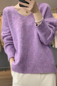 韩版宽松灰色V领马海毛衣秋冬2023新款女装宽松休闲软糯针织衫大图片