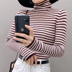 秋冬软糯100山羊绒衫女毛衣高领套头修身条纹拼色显瘦针织打底衫，女装羊绒衫，织绒羊