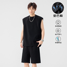 特批P55无差价25夏季曼巴棉大码休闲背心短裤套装男T5099+DK5849，男装休闲套装，电商A001-1