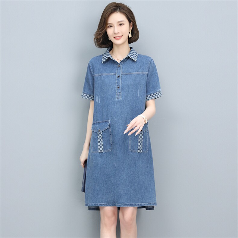 2023夏季新款时尚气质翻领显瘦休闲舒适撞色牛仔连衣裙,女装连衣裙,独衣靓