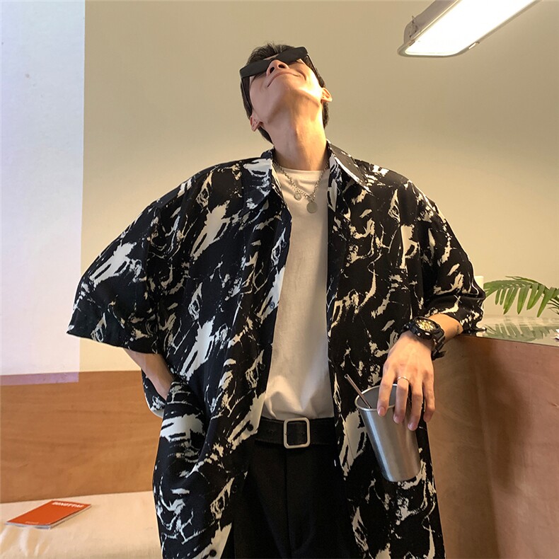 美式暗黑高街夏季冰丝扎染短袖衬衫男2024新款夏装衬衣港风潮流,男装衬衫,电商C306-1