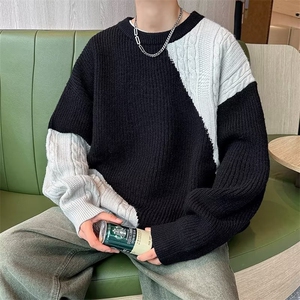 麻花拼接毛衣男港风chic宽松慵懒风日系潮流内搭圆领Z7003-P55图片
