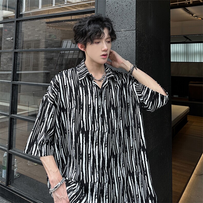 现货夏季经典斑马纹凉感ins风宽松潮男衬衫A071-C53-P38,男装衬衫,电商A071