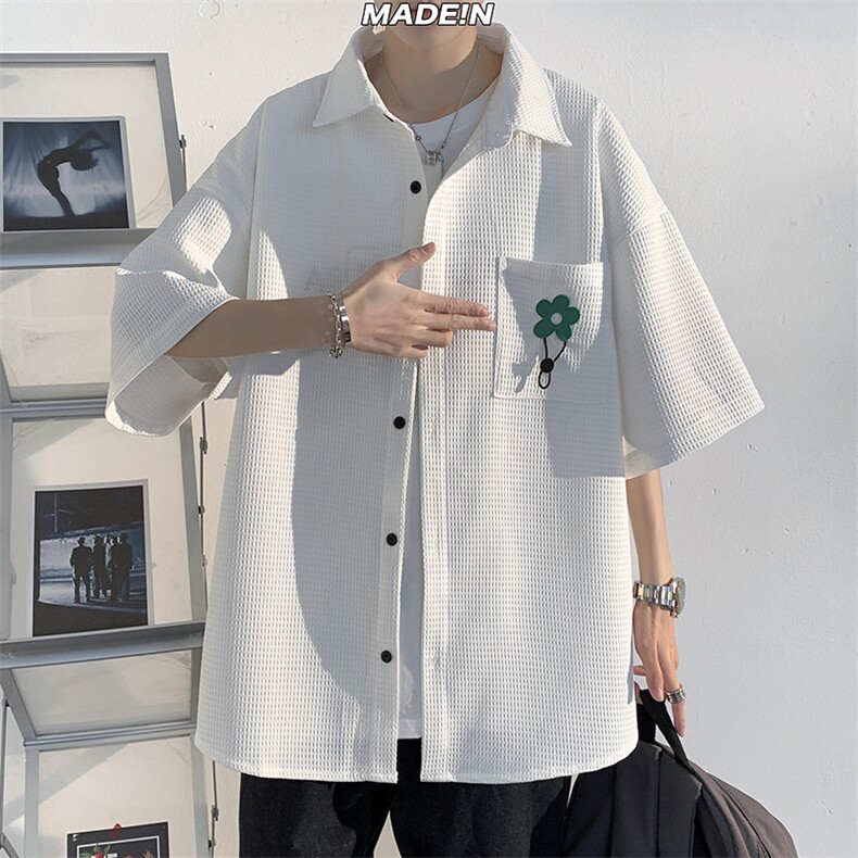 2023夏季口袋装饰质感华夫格设计宽松光影短袖衬衫外套C22635-P45图片