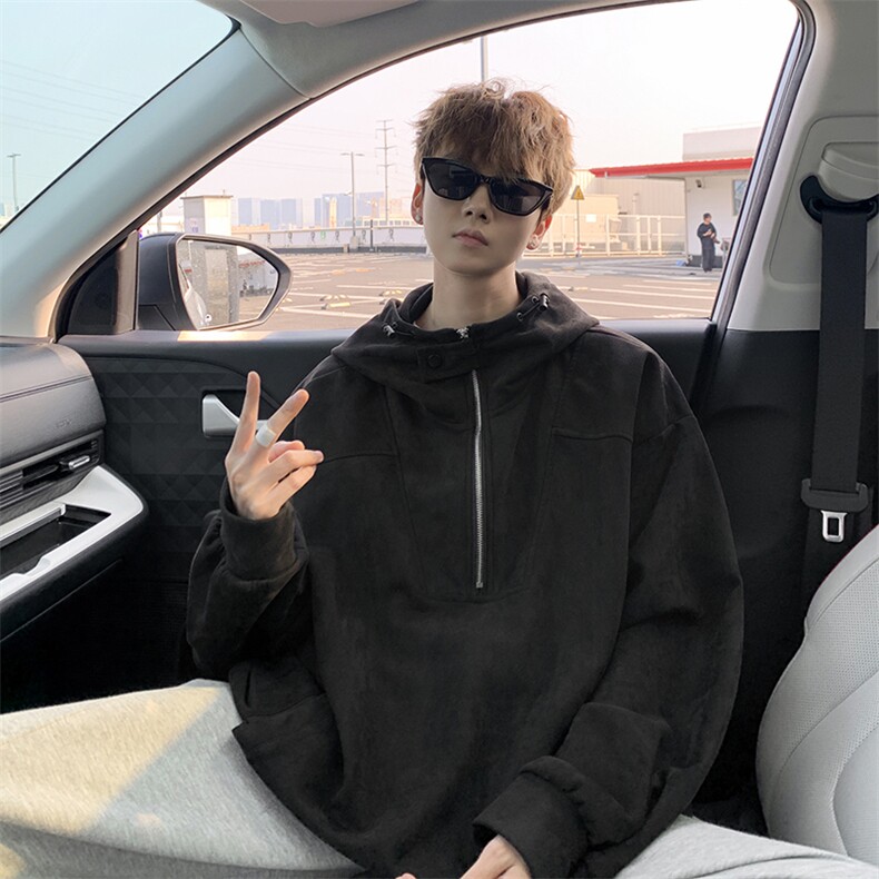 麂皮绒卫衣连帽M~8XL大码宽松美式重磅半拉链帽衫外套WY9102/P68,女装短外套,电商B238