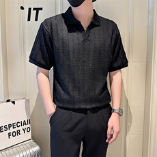 店主风社会小伙男士镂空纯色V领POLO衫男T恤301A-1/PL101/P48，男装T恤，星座301A-1