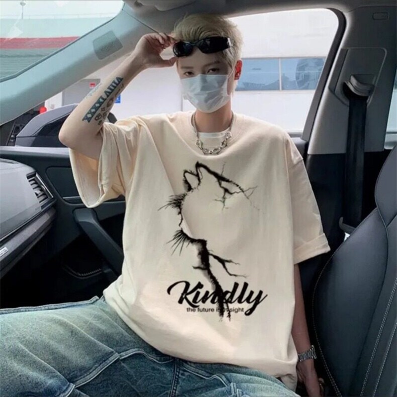 Q410-P30美式潮牌猫咪印花短袖t恤潮流男女同款宽松百搭半袖上衣,男装T恤,星座911-1