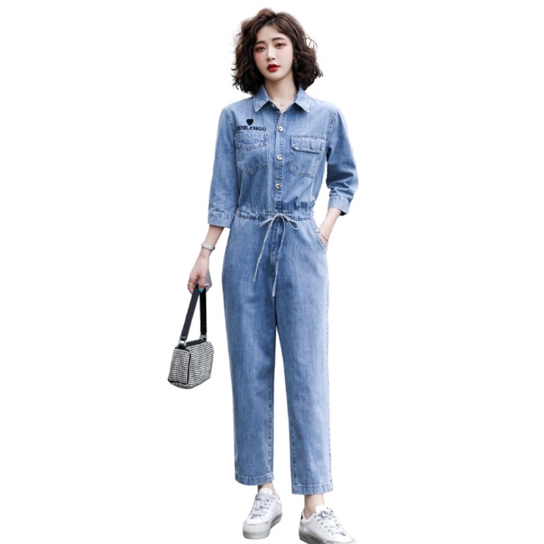 休闲牛仔连体裤女2024春夏新款高腰时尚显瘦百搭工装小个子连衣裤,女装休闲裤,慧尚依恋