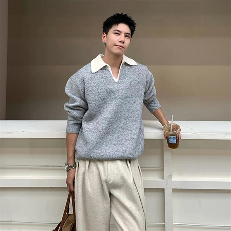 重磅北极绒假两件衬衫领毛衣美式高街复古休闲慵懒纯色翻领针织衫,男装针织衫/毛衣,电商A486-1