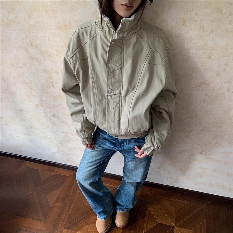 明线立领工装夹克秋冬加绒加厚廓形宽松棉服女B138-p110,男装夹克,星座910-1