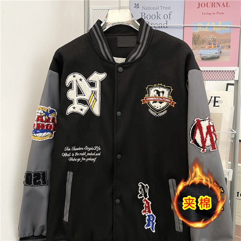 美式复古字母刺绣棒球服加棉外套男情侣棉衣夹克M90-P65加棉P75,男装夹克,星座308B-2
