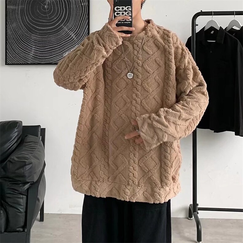 慵懒男士冬季宽松加绒加厚上衣针织衫毛衣Y45P48图片