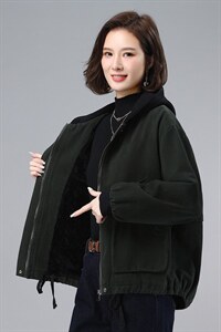 2021年冬季拼接连帽加绒外套宽松长袖文艺通勤开衫图片