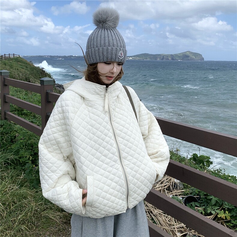 韩版宽松菱格压线连帽棉服外套女2025秋冬新款百搭小个子棉上衣,女装棉衣/棉服,2D145