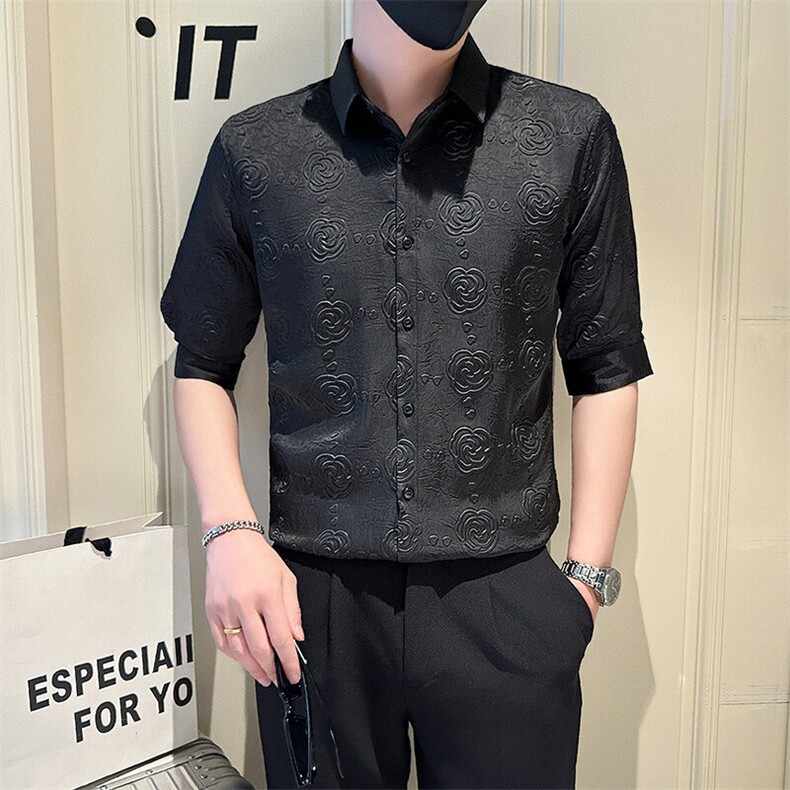 店主风社会小伙男士褶皱花泡七分袖衬衫男衬衣301A-1/CS569/P55,男装衬衫,星座301A-1