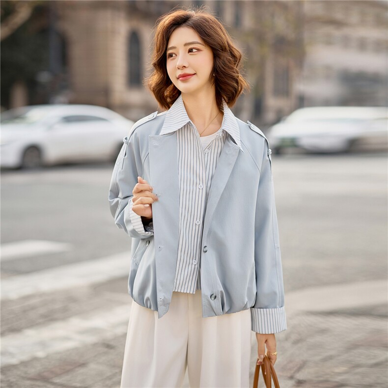 现货条纹拼接假两件休闲外套女春款2026新款时尚减龄洋气翻领夹克,女装短外套,涵誉