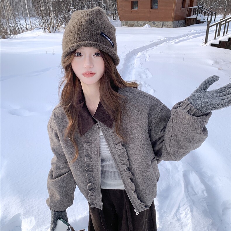 撞色翻领木耳边羊毛呢外套女冬季夹棉保暖呢子夹克女，女装棉衣/棉服，衣秀之家