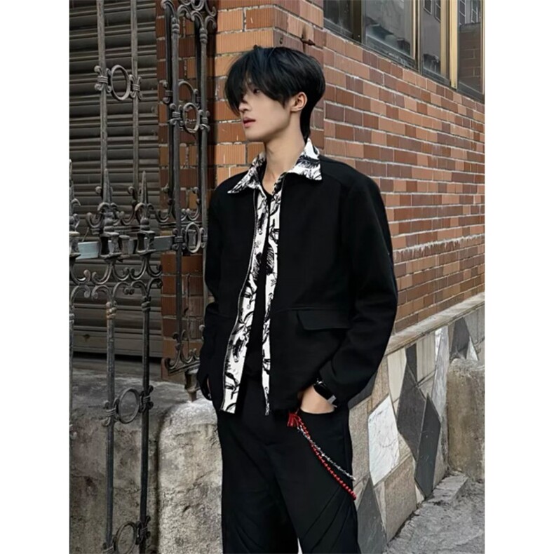 网图现货假两件双面穿华夫格水墨画外套男夹克REJ47-P98图片