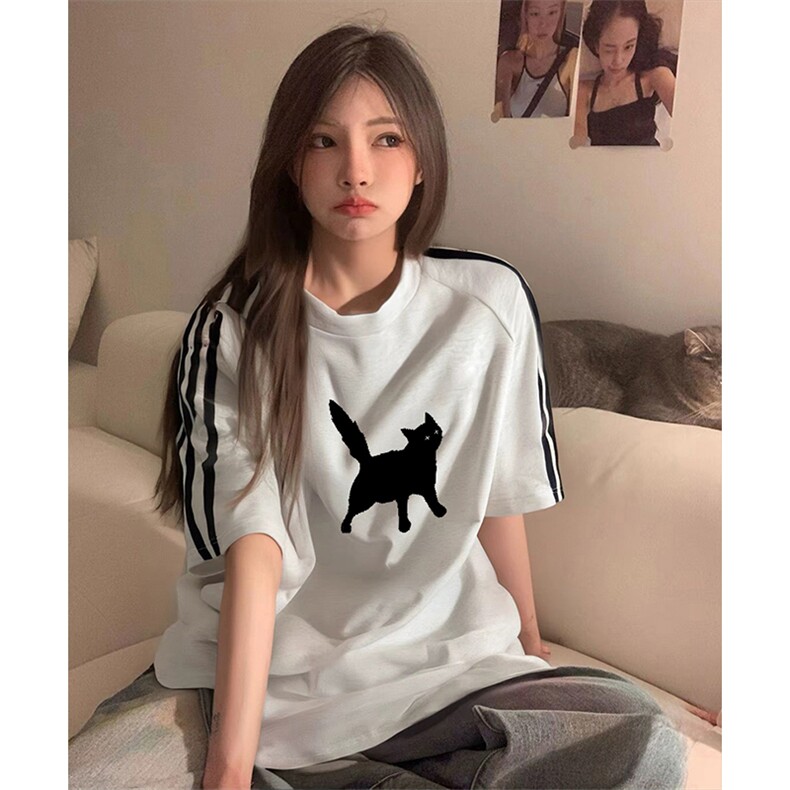 抖音得物品质二开240克宽松纯棉美式潮牌印花三条杠中性风短袖T恤,男装T恤,电商A486-1