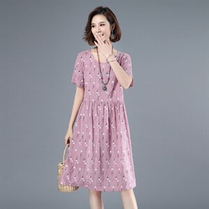 2021年夏季通勤韩版中长款A字裙小碎花妈妈装高腰短袖圆领裙子图片