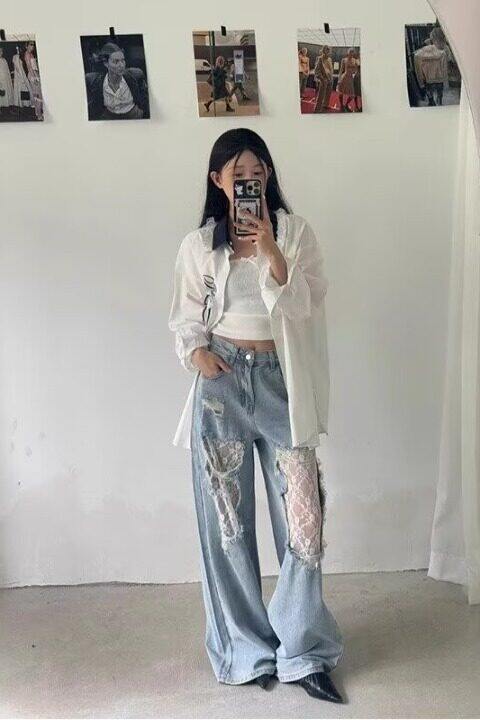 2025美式破洞蕾丝拼接拖地牛仔裤女辣妹高街设计感复古宽松慵懒阔,女装牛仔裤,星座302B-2