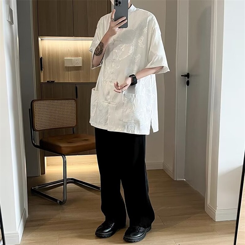 新中式潮复古暗龙纹盘扣风禅意衬衫夏季外套衬衣上衣CS550，男装衬衫，星座601-2
