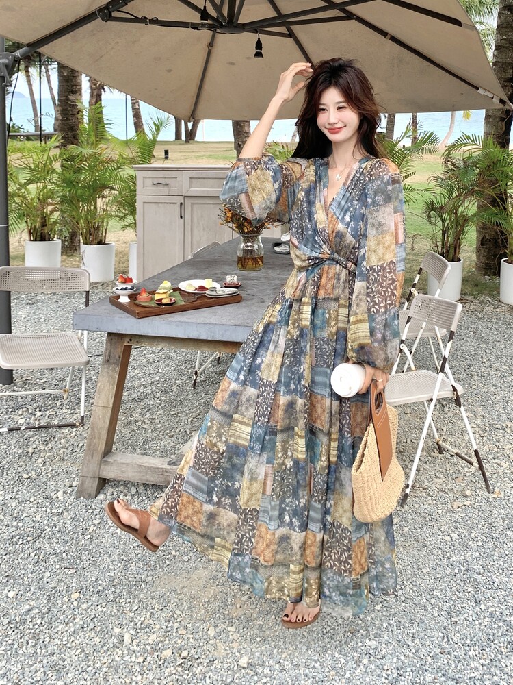 法式复古碎花连衣裙女2025夏季新款设计感小众收腰显瘦气质长裙子,女装连衣裙,韩蜜菓