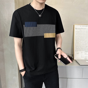 圆领短袖t恤男微宽松拼接时尚半袖T恤潮流A329-T161-P48图片