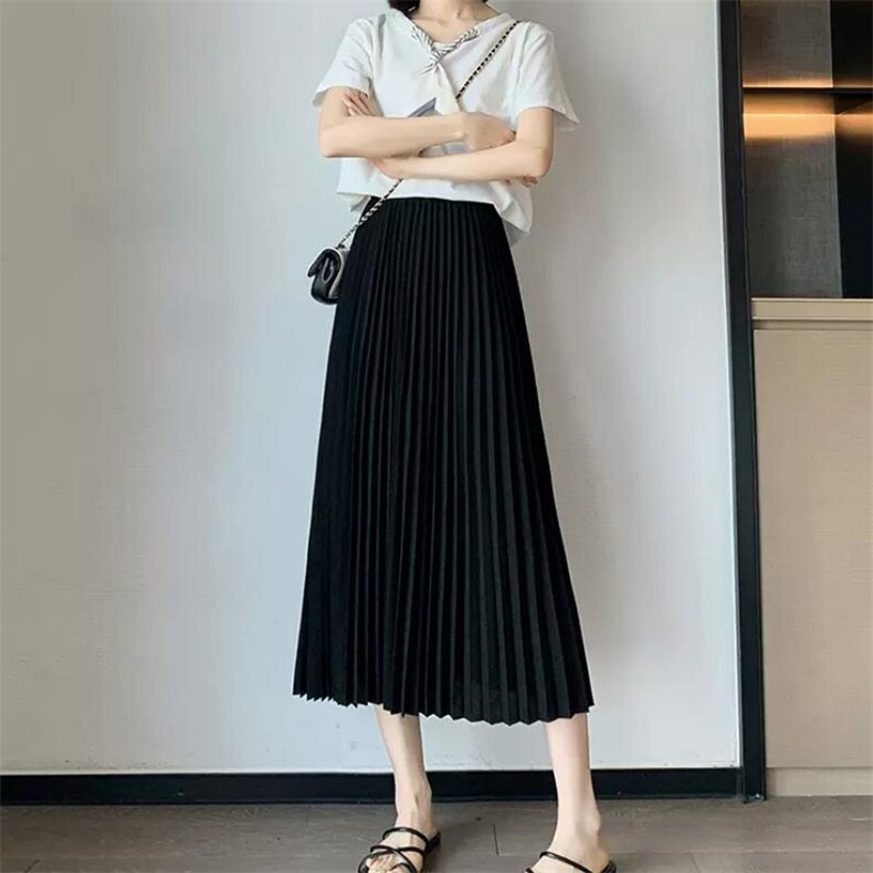 百褶裙女半身裙中长款高腰a字裙2025春秋新品遮胯松紧腰显瘦百搭,女装半身裙,灵动羽绒服工厂