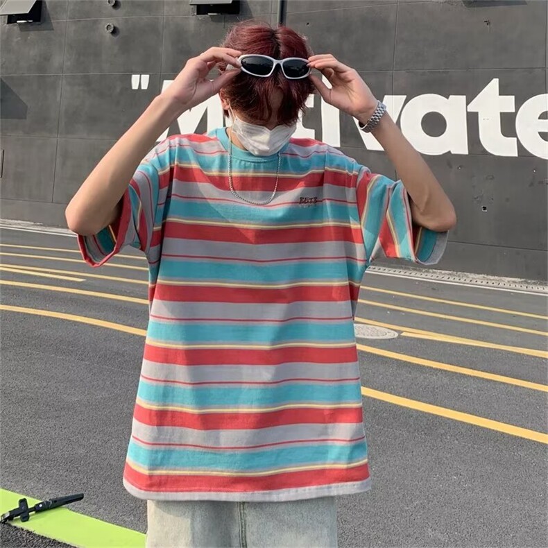 美式复古重磅条纹短袖T恤男女夏季新款百搭圆领上衣潮A1411-P40,男装T恤,星座1008